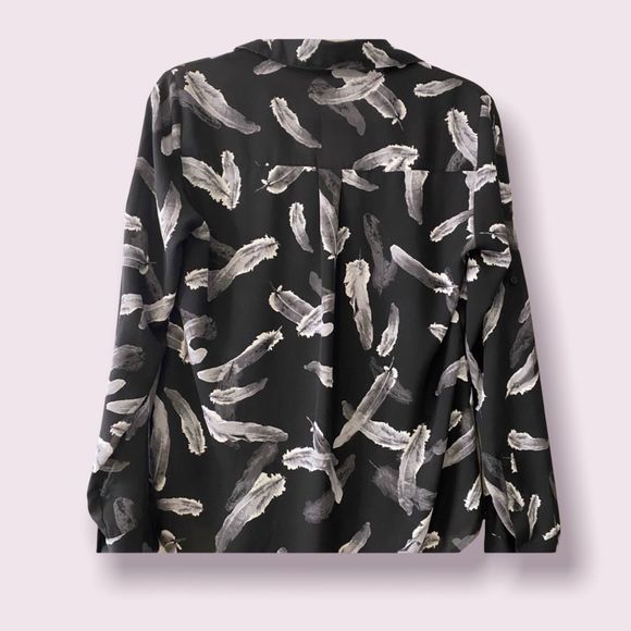 Express Feather Print Button-Down Blouse Black Gray | Size S Petite - Picture 2 of 2
